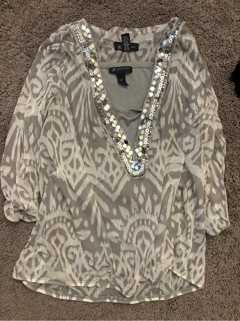 INC International Concepts Grey Patterned V-Neck Sequin Tunic